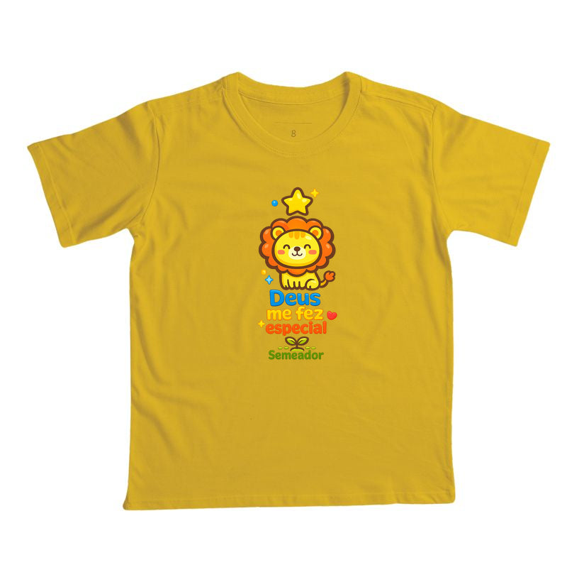 Camiseta infantil evangélica amarela com estampa Deus me fez Especial