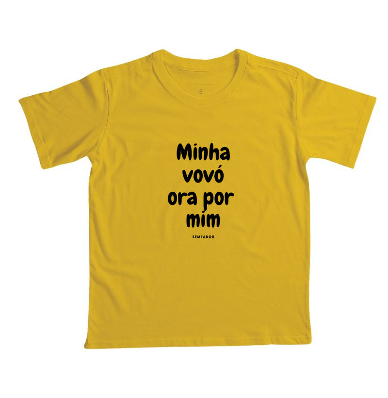 Camiseta infantil evangélica amarela com estampa Minha vovó ora por mim