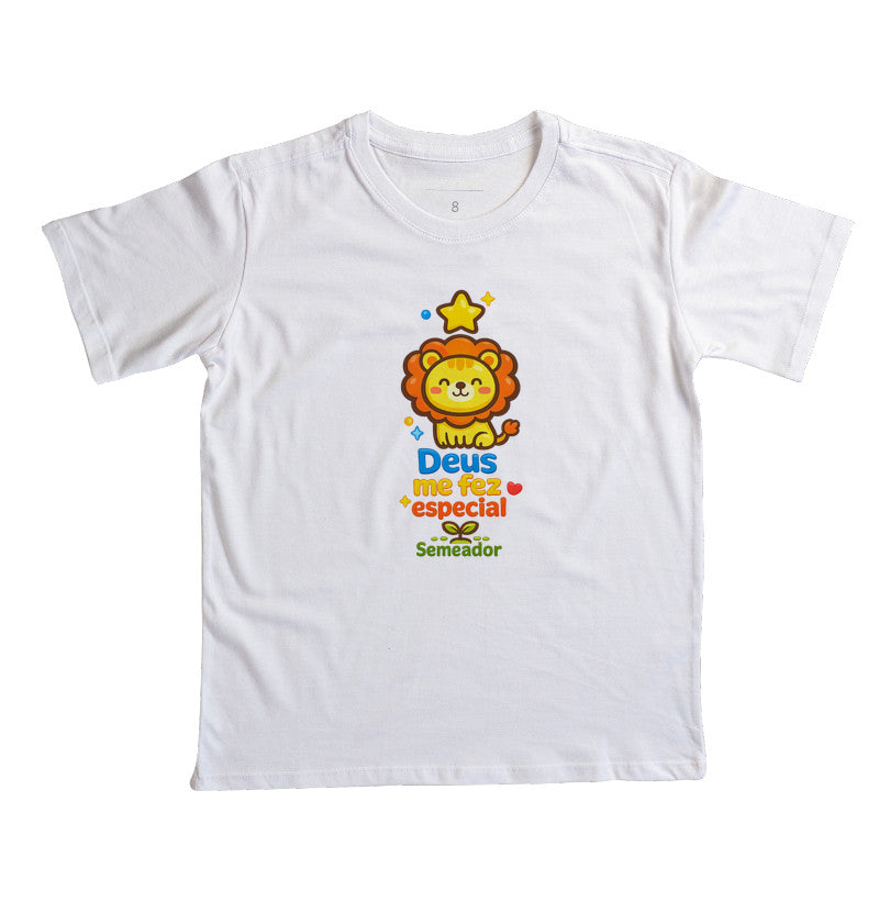 Camiseta infantil evangélica branca com estampa Deus me fez Especial