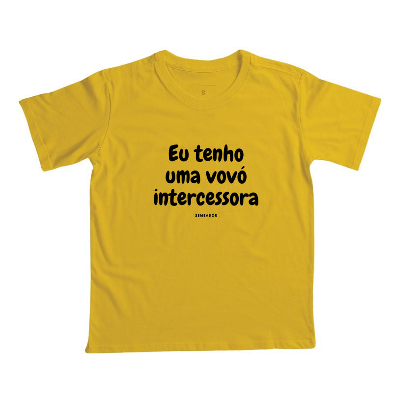 Camiseta infantil evangélica amarela com estampa Eu tenho uma vovó intercessora