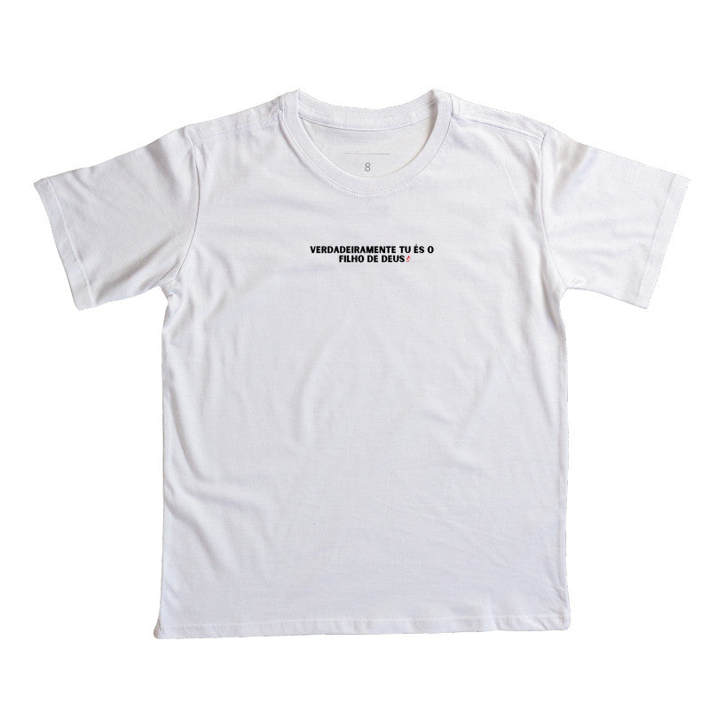 Camiseta infantil evangélica branca com estampa Tú és o Filho de Deus