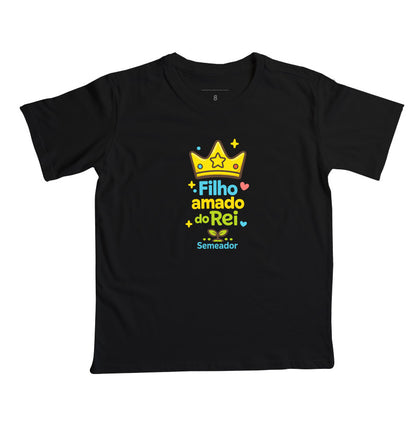 Camiseta infantil evangélica preta com estampa Filho Amado de Deus
