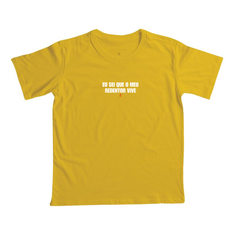 Camiseta infantil evangélica amarela com estampa Meu Redentor Vive