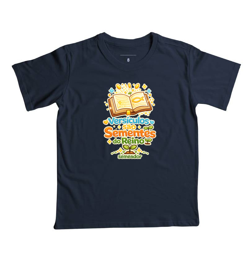 Camiseta infantil evangélica marinho com estampa Versículos são Sementes do Reino