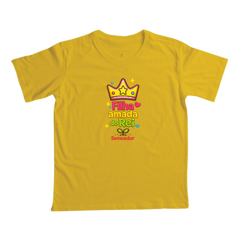 Camiseta infantil evangélica amarela com estampa Filha Amada de Deus