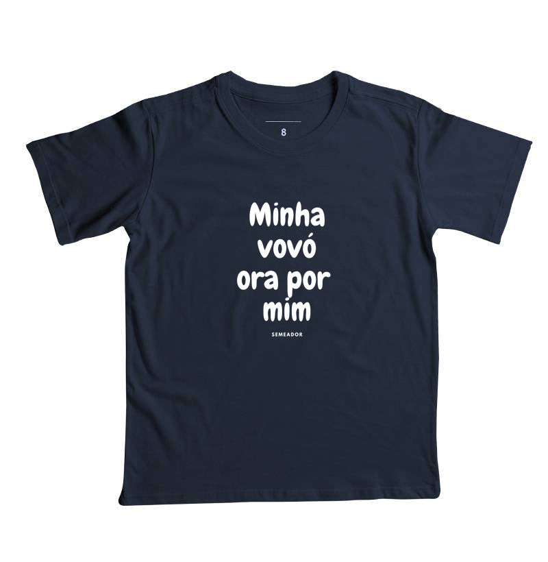 Camiseta infantil evangélica marinho com estampa Minha vovó ora por mim