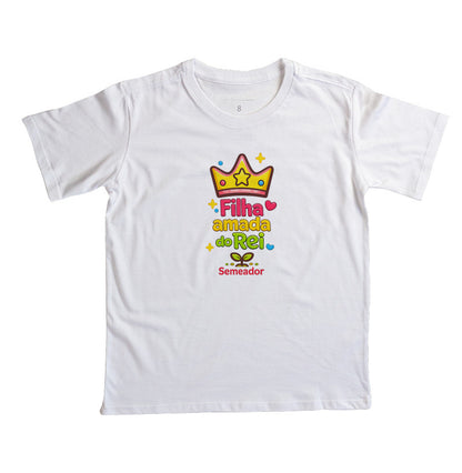 Camiseta infantil evangélica branca com estampa Filha Amada de Deus