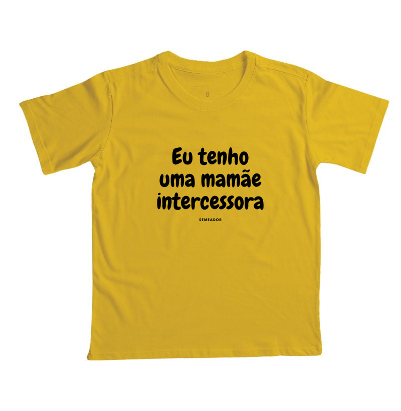 Camiseta infantil evangélica amarela com estampa Eu tenho uma mamãe intercessora