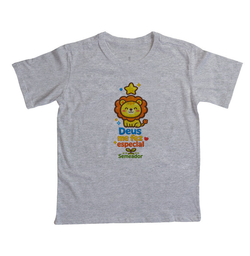 Camiseta infantil evangélica cinza com estampa Deus me fez Especial