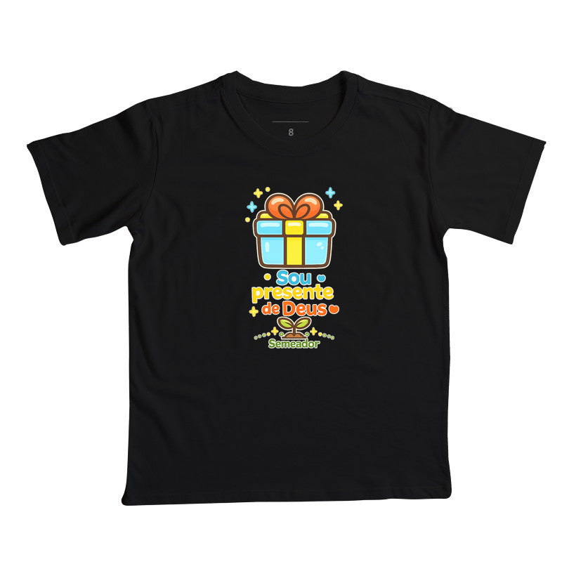 Camiseta infantil evangélica preta com estampa Sou Presente de Deus