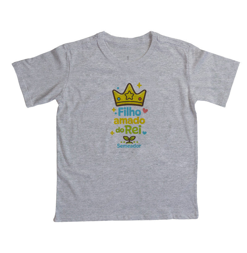 Camiseta infantil evangélica cinza com estampa Filho Amado de Deus