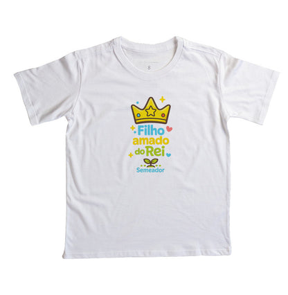 Camiseta infantil evangélica branca com estampa Filho Amado de Deus