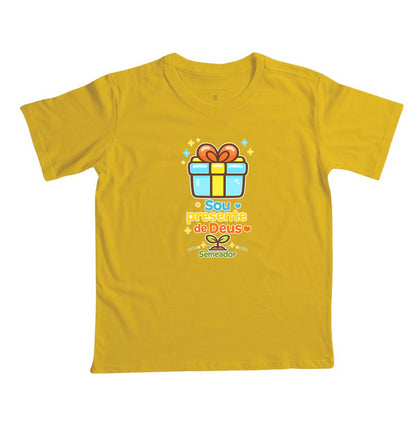 Camiseta infantil evangélica amarela com estampa Sou Presente de Deus