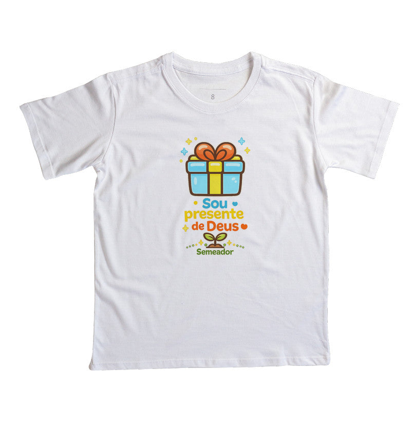 Camiseta infantil evangélica branca com estampa Sou Presente de Deus