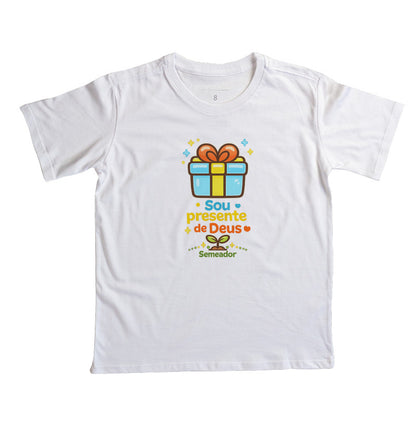 Camiseta infantil evangélica branca com estampa Sou Presente de Deus