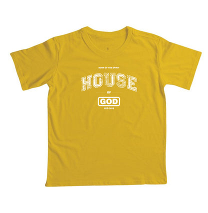 Camiseta infantil evangélica amarela com estampa House Of God