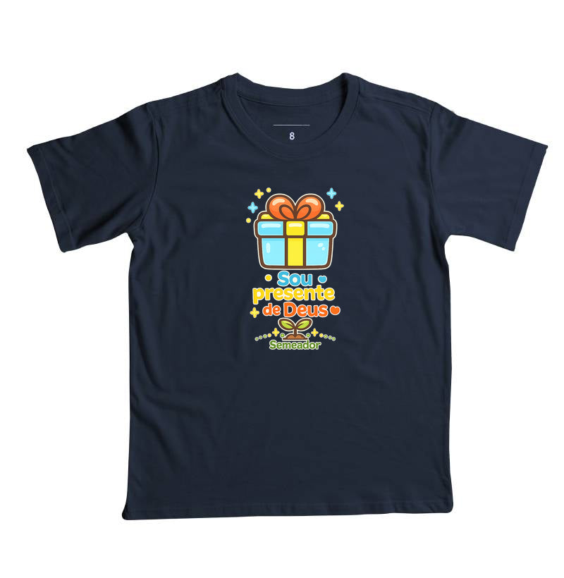 Camiseta infantil evangélica marinho com estampa Sou Presente de Deus