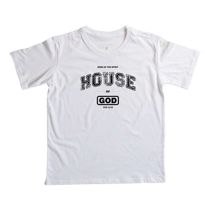 Camiseta infantil evangélica branca com estampa House Of God