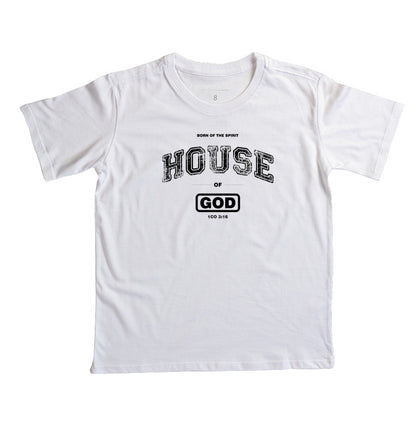 Camiseta infantil evangélica branca com estampa House Of God