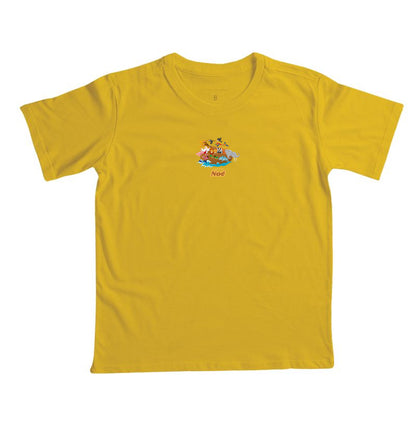 Camiseta infantil evangélica amarela com estampa Arca de Noé