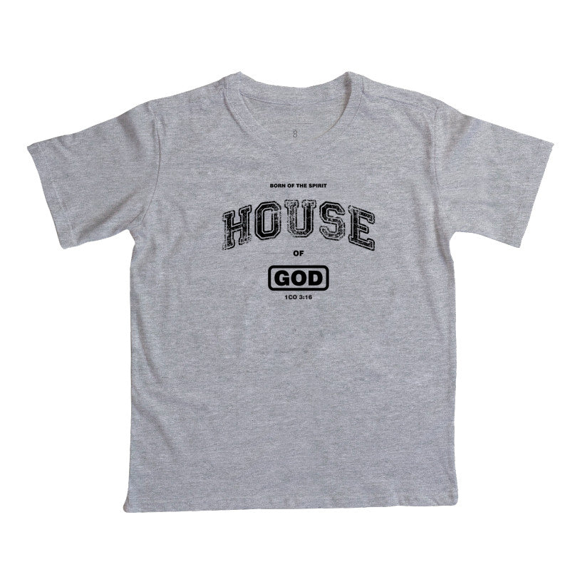 Camiseta infantil evangélica cinza com estampa House Of God