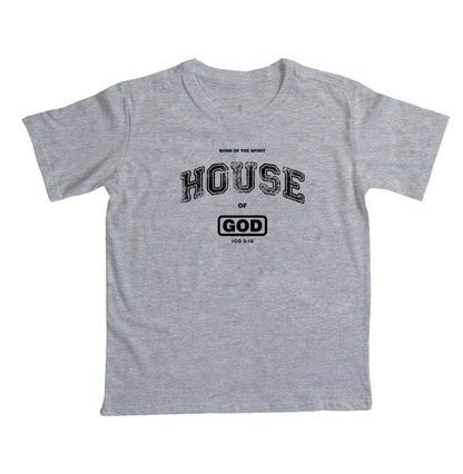 Camiseta infantil evangélica cinza com estampa House Of God