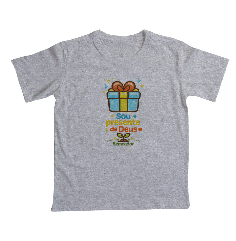 Camiseta infantil evangélica cinza com estampa Sou Presente de Deus