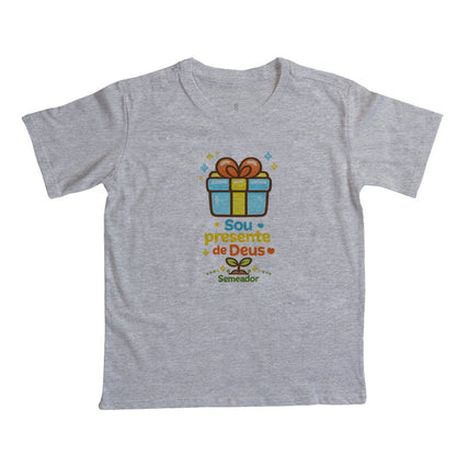 Camiseta infantil evangélica cinza com estampa Sou Presente de Deus